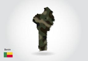 Benin-kaart met camouflagepatroon, bosgroene textuur in kaart. militair concept voor leger, soldaat en oorlog. wapenschild, vlag. vector