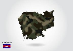 Cambodja-kaart met camouflagepatroon, bos - groene textuur in kaart. militair concept voor leger, soldaat en oorlog. wapenschild, vlag. vector