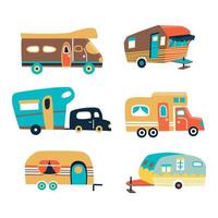 kampeerwagens, set reiscaravans voor camper. vervoer voor toerisme. vectorillustratie. tekenfilm