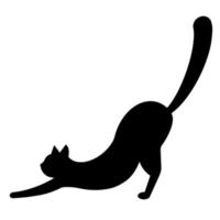 vector pictogram zwarte kat rekt zich uit. geïsoleerde afbeelding van een pandiculation huisdier op een witte achtergrond. zwart silhouet, eenvoudige vlakke stijl