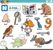 letter n woorden educatieve set met stripfiguren vector