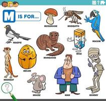 letter m woorden educatieve set met stripfiguren vector