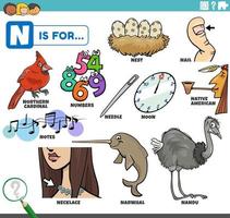 letter n woorden educatieve set met stripfiguren vector