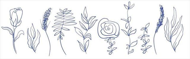 abstracte botanische elementen voor design. veld gras en bloemen. takken met bladeren, rozen en pioenrozen. minimalisme. lineaire tekening vector
