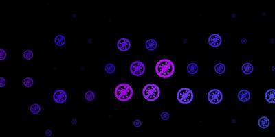 donkerpaarse, roze vectorachtergrond met covid-19 symbolen. vector