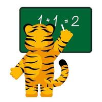 schattige kleine tijger leraar wiskunde karakter geïsoleerd. happy club cartoon gestreepte tijger op school. vector