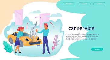 autoreparatiediensten en werkplaats online applicatie-interface of webbannersjabloon met stripfiguren. voertuigwerkplaats, auto-evacuator en hulp op de weg. platte vectorillustratie. vector