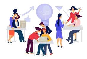 mensen uit het bedrijfsleven brainstormen vergadering. mannen en vrouwen stripfiguren die creatief op kantoor werken, samenwerken en communiceren. teamwork en creatief denken. platte vectorillustratie. vector