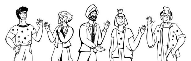multiculturele mensen groep lachend met groet gebaar, cartoon schets vectorillustratie geïsoleerd. diverse natie, beroep en etnische mannen en vrouwen die hallo zeggen. jeugd levensstijl en vriendschap. vector