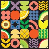 geometrische zomer vers fruit gesneden kunstwerk poster met kleurrijke eenvoudige vormen. Scandinavisch gestileerd plat abstract vectorpatroonontwerp. minimalistische illustratie van fruit en bladeren op zwarte achtergrond.