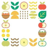 appel frame abstracte kunstwerken. ontwerp illustratie van kleurrijk appelpatroon, bladeren en geometrische symbolen in minimalistische stijl. heel fruit, gesneden en gespleten. eenvoudige platte vector op een witte achtergrond.