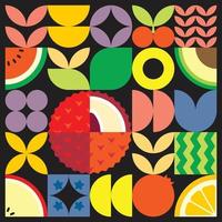 geometrische zomer vers fruit gesneden kunstwerk poster met kleurrijke eenvoudige vormen. Scandinavische stijl plat abstract vector patroon ontwerp. minimalistische illustratie van een rode lychee op een zwarte achtergrond.