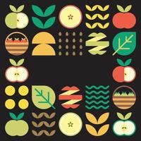 appel frame abstracte kunstwerken. ontwerp illustratie van kleurrijk appelpatroon, bladeren en geometrische symbolen in minimalistische stijl. heel fruit, gesneden en gespleten. eenvoudige platte vector op een zwarte achtergrond.