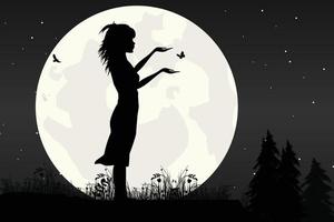 schattig meisje en maan silhouet afbeelding