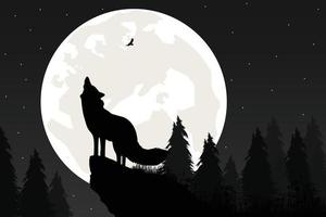 schattige wolf en maan silhouet afbeelding vector