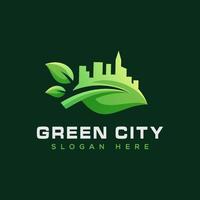 groene stad blad logo, natuur gebouw met blad logo vector sjabloon