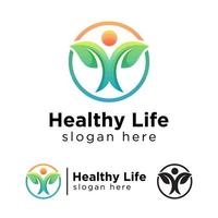 groen gezond leven gradiënt logo, mensen met blad logo concept vector sjabloon