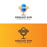 podcast gym fitness training logo ontwerp, microfoon met barbell logo concept vector sjabloon