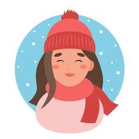 winter vrouw portret, schattig karakter met muts en sjaal, vectorillustratie in vlakke stijl vector