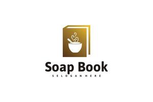 boek logo-ontwerpinspiratie met een kom soep-logo-ontwerp. vector
