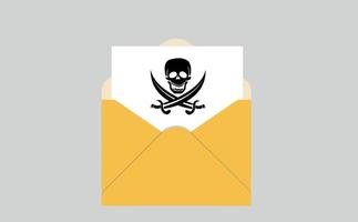 open gele envelop met een document en een piratenpictogram met schedel en gekruiste knekels. virus, malware, e-mailzwendel, e-mailspam, phishing-zwendel, hackeraanvalconcept. vector illustratie