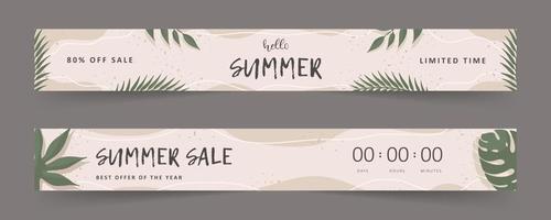 Hallo zomer. verkoop spandoek. kalligrafie offerte. vintage achtergrond met tropische bladeren. vectorillustratie in vlakke stijl vector