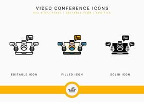 videoconferentie pictogrammen instellen vectorillustratie met solide pictogram lijnstijl. online communicatieconcept. bewerkbaar slagpictogram op geïsoleerde achtergrond voor webdesign, infographic en ui mobiele app. vector