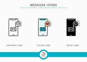 berichtpictogrammen instellen vectorillustratie met solide pictogram lijnstijl. bruiloft liefde romantiek concept. bewerkbaar lijnpictogram op geïsoleerde achtergrond voor webdesign, gebruikersinterface en mobiele applicatie vector