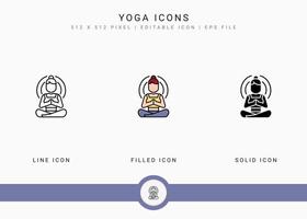 yoga pictogrammen instellen vectorillustratie met solide pictogram lijnstijl. mediteren energieconcept. bewerkbaar lijnpictogram op geïsoleerde achtergrond voor webdesign, gebruikersinterface en mobiele app vector