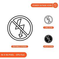 stroomuitval pictogrammen instellen vectorillustratie met solide pictogram lijnstijl. elektriciteitssysteem cirkel verbod concept. bewerkbaar slagpictogram op geïsoleerde achtergrond voor webdesign, infographic en ui mobiele app. vector