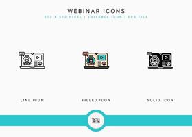 webinar pictogrammen instellen vectorillustratie met solide pictogram lijnstijl. online videoconferentieconcept. bewerkbaar lijnpictogram op geïsoleerde achtergrond voor webdesign, gebruikersinterface en mobiele app vector