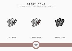 verhaal pictogrammen instellen vectorillustratie met solide pictogram lijnstijl. journalist tekst publicatie concept. bewerkbaar lijnpictogram op geïsoleerde achtergrond voor webdesign, gebruikersinterface en mobiele applicatie vector