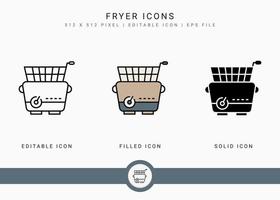 friteuse pictogrammen instellen vectorillustratie met solide pictogram lijnstijl. aardappel gebakken mand concept. bewerkbaar lijnpictogram op geïsoleerde achtergrond voor webdesign, gebruikersinterface en mobiele app vector