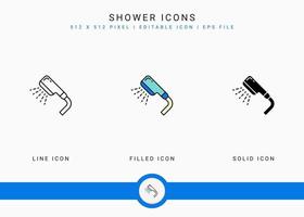 douche pictogrammen instellen vectorillustratie met pictogram lijnstijl. douche sprinkler badkamer concept. bewerkbaar lijnpictogram op geïsoleerde witte achtergrond voor webdesign, gebruikersinterface en mobiele applicatie vector