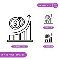 groei pictogrammen instellen vectorillustratie met solide pictogram lijnstijl. markt verhogen verkoop concept. bewerkbaar slagpictogram op geïsoleerde achtergrond voor webdesign, infographic en ui mobiele app. vector