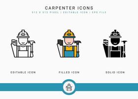 timmerman pictogrammen instellen vectorillustratie met solide pictogram lijnstijl. man met hamerconcept. bewerkbaar lijnpictogram op geïsoleerde achtergrond voor webdesign, gebruikersinterface en mobiele applicatie vector