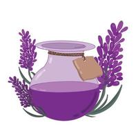 glazen fles met lavendelaromaolie en lavendelbloemen in vintage stijl, smeerolie voor massage, aromatherapie, vector