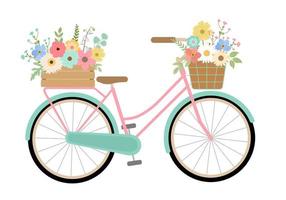 handgetekende lente bloemen turquoise fiets. geïsoleerd op een witte achtergrond. vectorillustratie. retro fiets met kleurrijke bloemen in krat en mand. vector