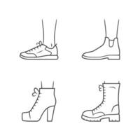 vrouwen herfst schoenen lineaire pictogrammen instellen. vrouwelijke formele en casual schoenen. stijlvolle unisex sneakers, lita. enkel laarzen. bewerkbare streek. dunne lijn contour symbolen. geïsoleerde vectoroverzichtsillustraties vector