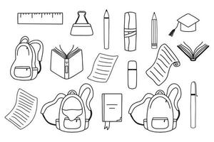 schoolbenodigdheden en items set geïsoleerd op een witte achtergrond. terug naar school . onderwijs werkruimte accessoires. vector illustration.doodle stijl.