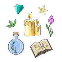 schattig mystieke icoon. cartoon kleurrijke magische elementencollectie. kawaii astrologie iconen van kaarsen, magisch boek, sterren, pentagram, elixer, diamant, bloem vector spullen.