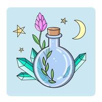 schattig mystieke icoon. cartoon kleurrijke magische elementencollectie. kawaii astrologie iconen van elixer, kristallen, kruiden, bloemen, wassende maan, pentagram, sterren vector spullen.