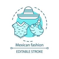 mexicaanse mode concept icoon. Zuid-Amerikaanse traditionele kleding. poncho, sombrero, vrouw in lange jurk idee dunne lijn illustratie. vector geïsoleerde overzichtstekening. bewerkbare streek