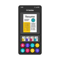 cv schrijven software smartphone interface vector sjabloon. mobiele app pagina kleur ontwerp lay-out. professioneel cv-builderscherm. platte ui voor toepassing. cv templates editor telefoon display..