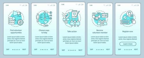 vrijwilligerswerk onboarding mobiele app pagina scherm vector sjabloon. humanitaire hulp. vrijwilligersprogramma walkthrough website stappen met lineaire illustraties. ux, ui, gui smartphone-interfaceconcept