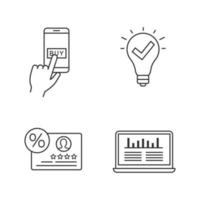 klantenbehoud en loyaliteit lineaire pictogrammen instellen. online betaling, goedgekeurd idee, beoordelingen en feedback, analyse van webverkeer. dunne lijn contour symbolen. geïsoleerde vectorillustraties. bewerkbare streek vector