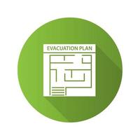 evacuatieplan platte ontwerp lange schaduw glyph pictogram. vluchtplan voor brand. vector silhouet illustratie