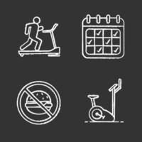 fitness krijt pictogrammen instellen. loopband, trainingskalender, gezonde voeding, hometrainer. sportuitrusting. geïsoleerde vector schoolbord illustraties