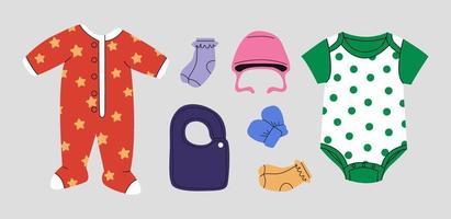 verschillende kleding voor kinderen en baby's. romper, muts, sokken, bodysuit, slabbetje, wanten. bovenaanzicht van babykleding en accessoires. comfortabele, gezellige babymode. hand getekende tekenfilmreeks. vector