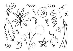 hand getekende decorelement, zwart op wit background.arrow, bladeren,ster,hart,licht,nadruk,werveling,voor conceptontwerp. vector